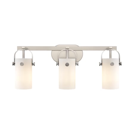 A large image of the Innovations Lighting 423-3W-11-25 Pilaster II Cylinder Vanity Satin Nickel / Matte White