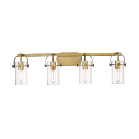 A large image of the Innovations Lighting 423-4W-10-35 Pilaster II Cylinder Vanity Brushed Brass / Clear