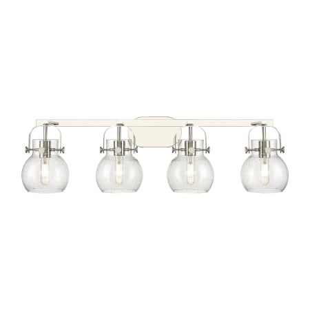 A large image of the Innovations Lighting 423-4W-10-37 Pilaster II Sphere Vanity Polished Nickel / Seedy