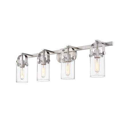 A large image of the Innovations Lighting 423-4W-11-35 Pilaster Vanity Brushed Satin Nickel / Clear