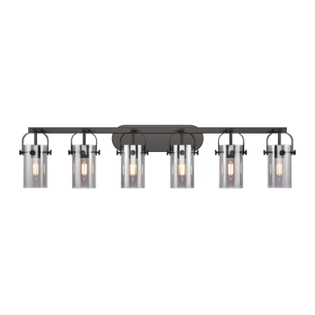 A large image of the Innovations Lighting 423-6W-10-44 Pilaster II Cylinder Vanity Matte Black / Plated Smoke