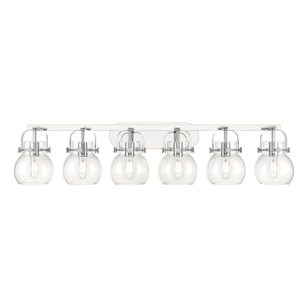 A large image of the Innovations Lighting 423-6W-10-46 Pilaster II Sphere Vanity Polished Chrome / Clear