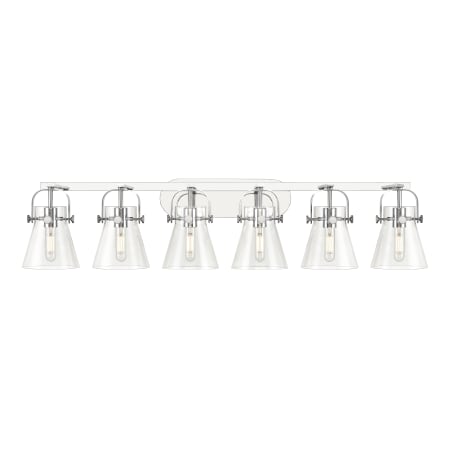 A large image of the Innovations Lighting 423-6W-10-46 Pilaster II Cone Vanity Polished Chrome / Clear