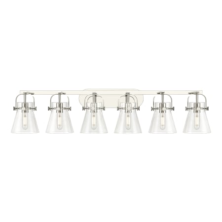 A large image of the Innovations Lighting 423-6W-10-46 Pilaster II Cone Vanity Polished Nickel / Clear