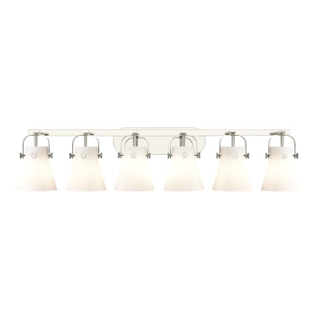 A large image of the Innovations Lighting 423-6W-10-46 Pilaster II Cone Vanity Polished Nickel / Matte White