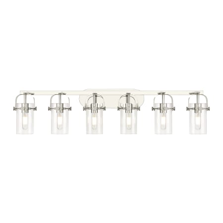 A large image of the Innovations Lighting 423-6W-10-44 Pilaster II Cylinder Vanity Polished Nickel / Clear