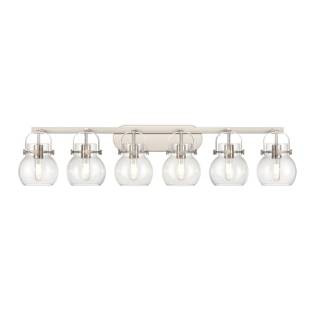 A large image of the Innovations Lighting 423-6W-10-46 Pilaster II Sphere Vanity Satin Nickel / Clear