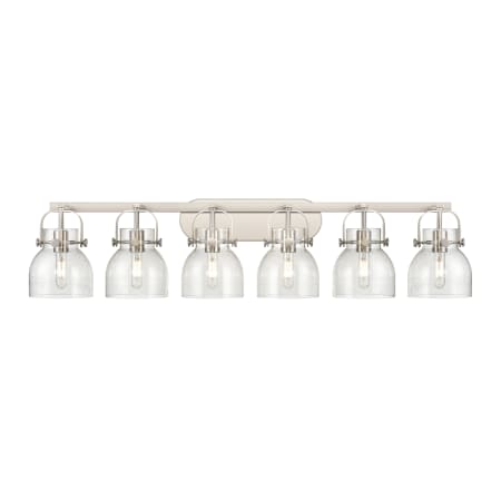 A large image of the Innovations Lighting 423-6W-10-46 Pilaster II Bell Vanity Satin Nickel / Seedy