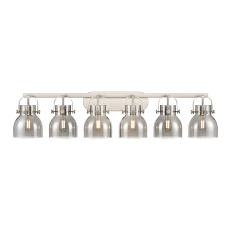 A large image of the Innovations Lighting 423-6W-10-46 Pilaster II Bell Vanity Satin Nickel / Plated Smoke