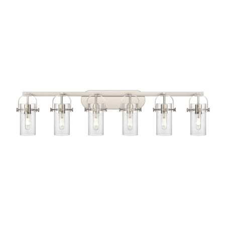 A large image of the Innovations Lighting 423-6W-11-44 Pilaster II Cylinder Vanity Satin Nickel