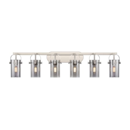 A large image of the Innovations Lighting 423-6W-10-44 Pilaster II Cylinder Vanity Satin Nickel / Plated Smoke