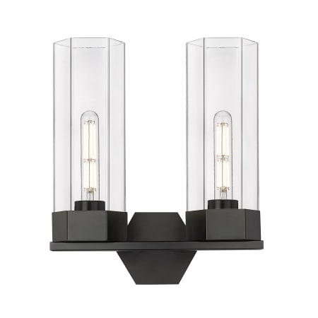 A large image of the Innovations Lighting 427-2W-17-14 Claverack Vanity Matte Black / Clear