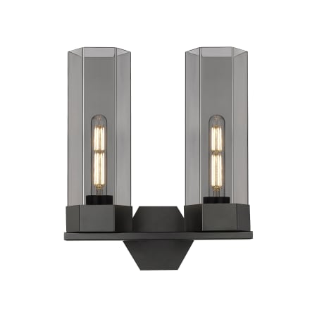 A large image of the Innovations Lighting 427-2W-17-14 Claverack Vanity Matte Black / Plated Smoke