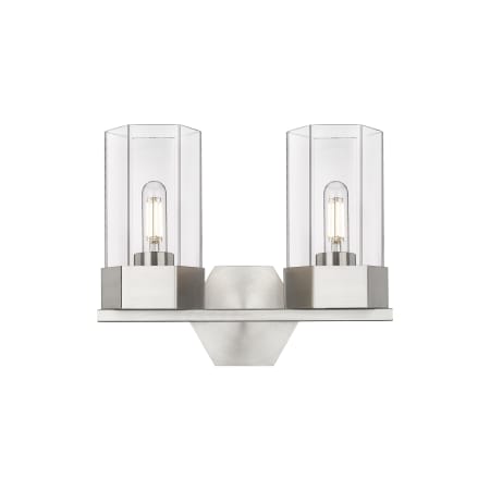 A large image of the Innovations Lighting 427-2W-12-14 Claverack Vanity Satin Nickel / Clear