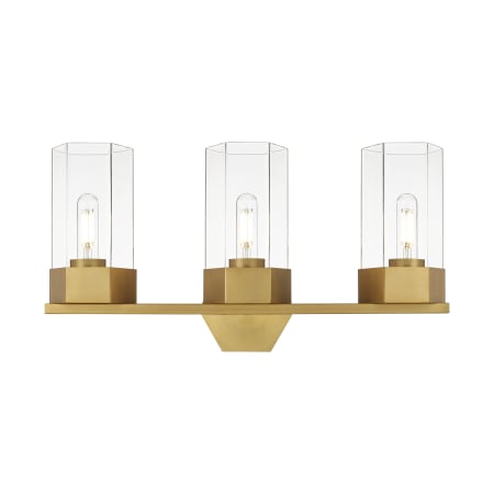 A large image of the Innovations Lighting 427-3W-12-23 Claverack Vanity Brushed Brass / Clear