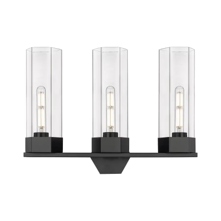 A large image of the Innovations Lighting 427-3W-17-23 Claverack Vanity Matte Black / Clear