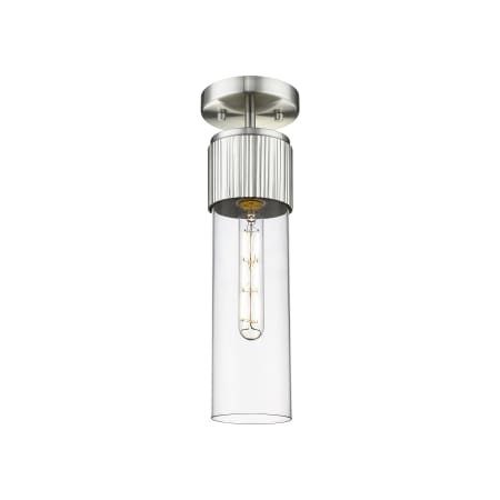 A large image of the Innovations Lighting 428-1F-16-4 Bolivar Flush Satin Nickel / Clear