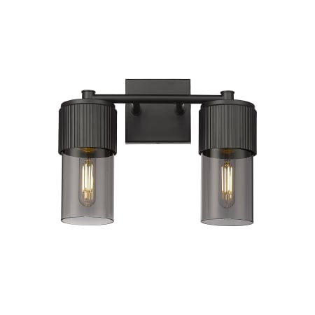 A large image of the Innovations Lighting 428-2W-10-14 Bolivar Vanity Matte Black / Plated Smoke