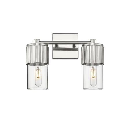 A large image of the Innovations Lighting 428-2W-10-14 Bolivar Vanity Satin Nickel / Clear