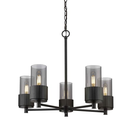 A large image of the Innovations Lighting 428-5CR-7-25 Bolivar Chandelier Matte Black / Plated Smoke