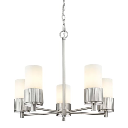 A large image of the Innovations Lighting 428-5CR-7-25 Bolivar Chandelier Satin Nickel / Matte White