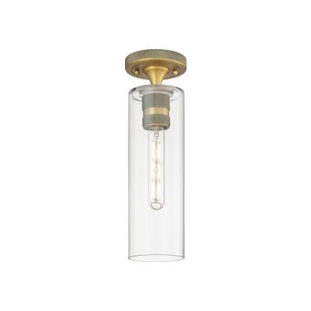 A large image of the Innovations Lighting 434-1F-15-4 Crown Point Flush Brushed Brass / Clear