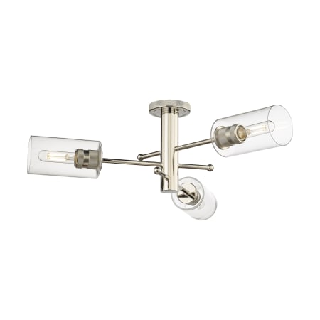 A large image of the Innovations Lighting 434-3F-10-29 Crown Point Flush Polished Nickel / Clear