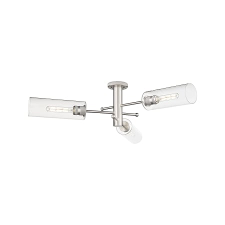 A large image of the Innovations Lighting 434-3F-11-40 Crown Point Flush Satin Nickel / Clear