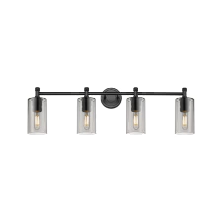 A large image of the Innovations Lighting 434-4W-11-34 Crown Point Vanity Matte Black / Plated Smoke