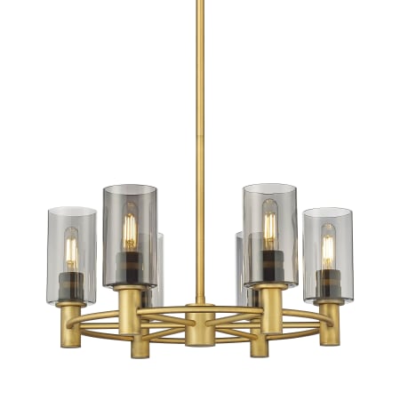 A large image of the Innovations Lighting 434-6CR-10-24 Crown Point Chandelier Brushed Brass / Plated Smoke