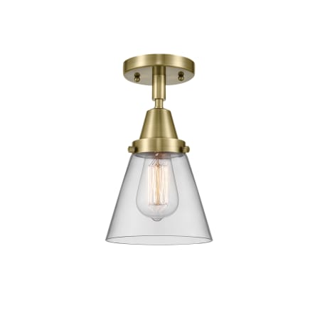 A large image of the Innovations Lighting 447-1C-10-6 Cone Semi-Flush Antique Brass / Clear