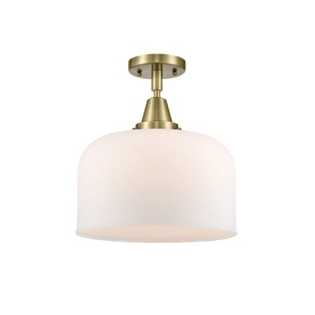 A large image of the Innovations Lighting 447-1C-13-12-L Bell Semi-Flush Antique Brass / Matte White