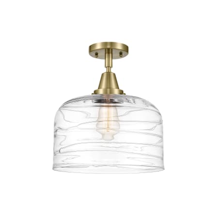 A large image of the Innovations Lighting 447-1C-13-12-L Bell Semi-Flush Antique Brass / Clear Deco Swirl