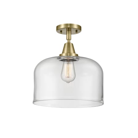 A large image of the Innovations Lighting 447-1C-13-12-L Bell Semi-Flush Antique Brass / Clear