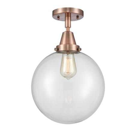 A large image of the Innovations Lighting 447-1C-13-10 Beacon Semi-Flush Antique Copper / Clear