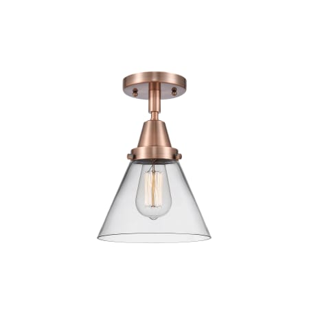 A large image of the Innovations Lighting 447-1C-11-8 Cone Semi-Flush Antique Copper / Clear