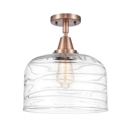 A large image of the Innovations Lighting 447-1C-13-12-L Bell Semi-Flush Antique Copper / Clear Deco Swirl