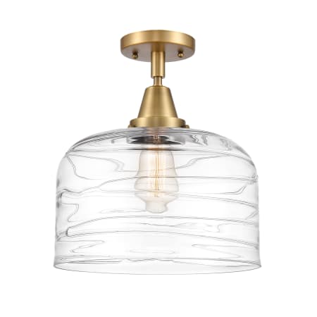 A large image of the Innovations Lighting 447-1C-13-12-L Bell Semi-Flush Brushed Brass / Clear Deco Swirl