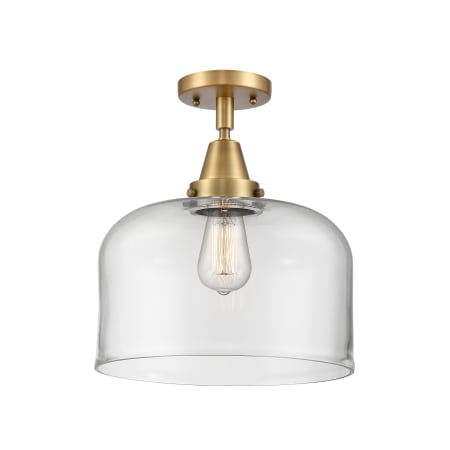 A large image of the Innovations Lighting 447-1C-13-12-L Bell Semi-Flush Brushed Brass / Clear