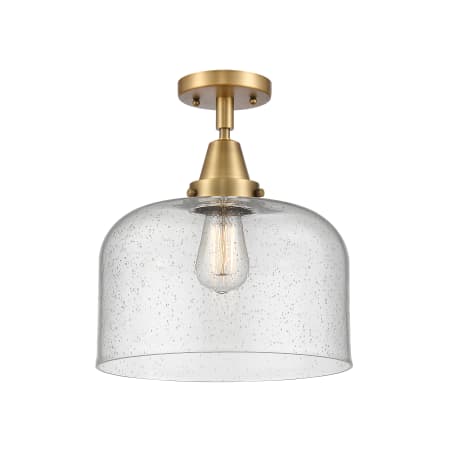 A large image of the Innovations Lighting 447-1C-13-12-L Bell Semi-Flush Brushed Brass / Seedy