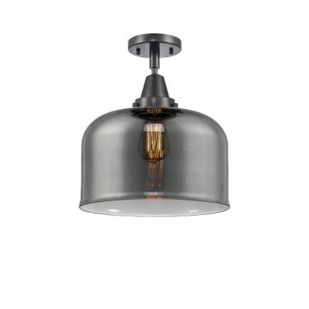 A large image of the Innovations Lighting 447-1C-13-12-L Bell Semi-Flush Matte Black / Plated Smoke