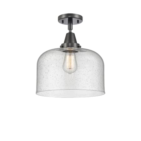 A large image of the Innovations Lighting 447-1C-13-12-L Bell Semi-Flush Matte Black / Seedy