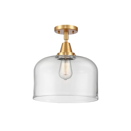 A large image of the Innovations Lighting 447-1C-13-12-L Bell Semi-Flush Satin Gold / Clear