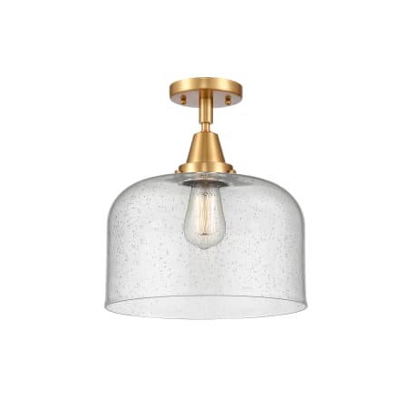 A large image of the Innovations Lighting 447-1C-13-12-L Bell Semi-Flush Satin Gold / Seedy