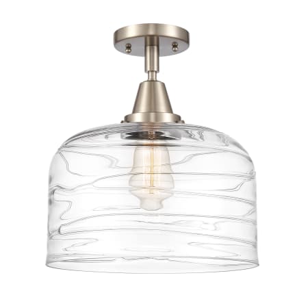 A large image of the Innovations Lighting 447-1C-13-12-L Bell Semi-Flush Brushed Satin Nickel / Clear Deco Swirl