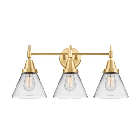 A large image of the Innovations Lighting 447-3W-11-26 Cone Vanity Satin Gold / Clear