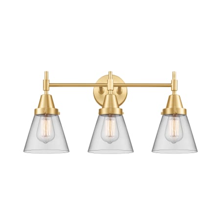 A large image of the Innovations Lighting 447-3W-11-24 Cone Vanity Satin Gold / Clear