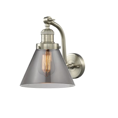 A large image of the Innovations Lighting 515-1W Large Cone Brushed Satin Nickel / Smoked