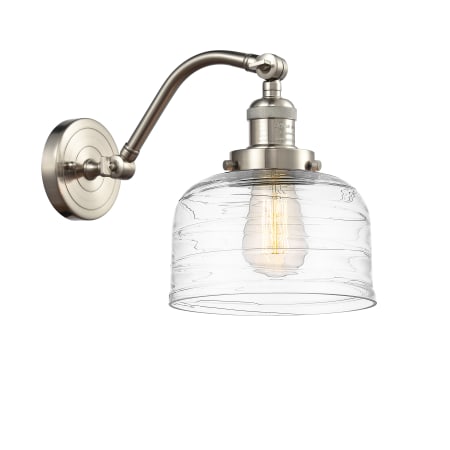 A large image of the Innovations Lighting 515-1W-12-8 Bell Sconce Brushed Satin Nickel / Clear Deco Swirl