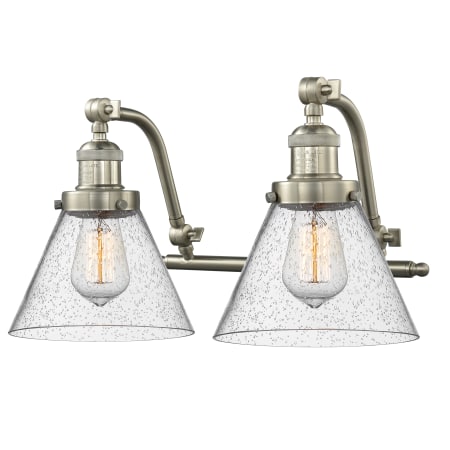 A large image of the Innovations Lighting 515-2W Large Cone Satin Brushed Nickel / Seedy
